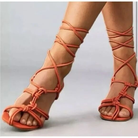 New Anthropologie Orange Leather Caged Strappy Sandals US 6 - Picture 1 of 9
